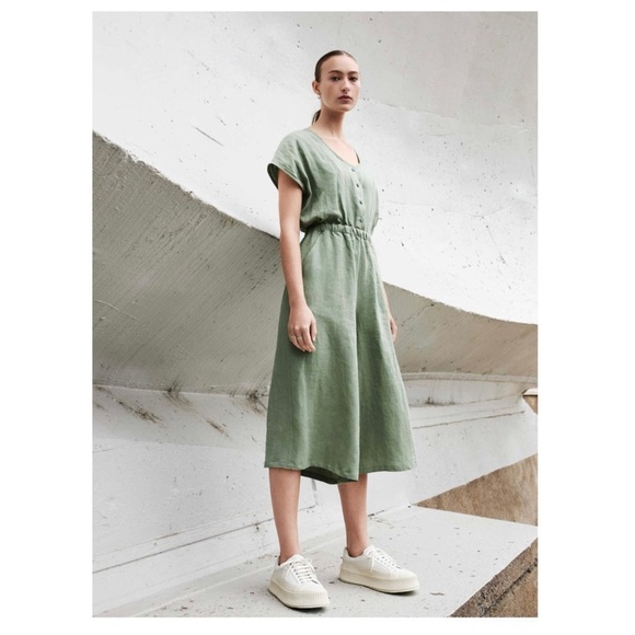 Eve Gravel | Linen Relaxed Fit Wide Leg Crop / Capri Jumpsuit Green | S - Picture 1 of 9